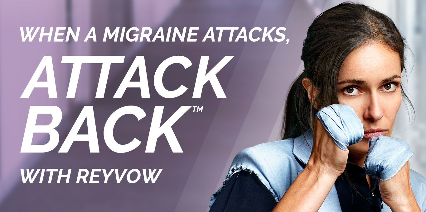 Woman in boxing pose with language about attacking migraine