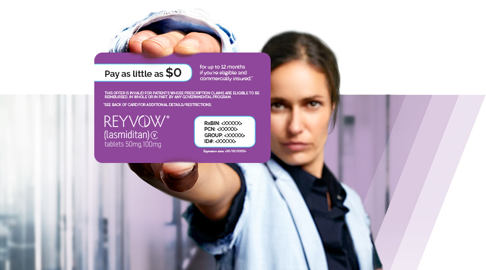 Woman showing the REYVOW savings card
